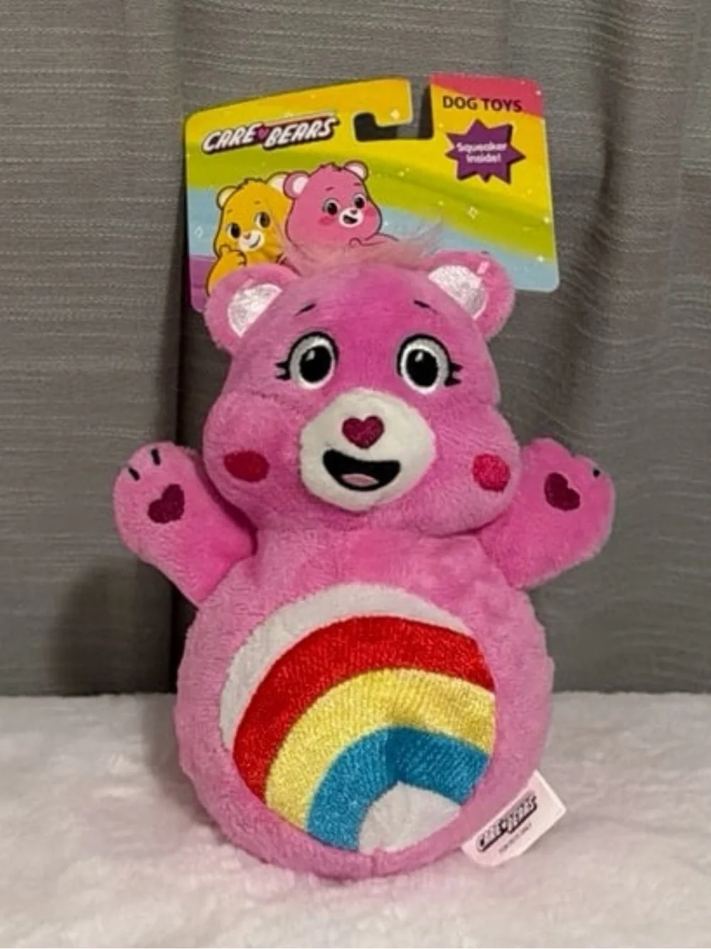 Care Bears Cheer Bear Plush Bumpy Ball Dog Toy with Squeaker Roll & Bounce fun!
